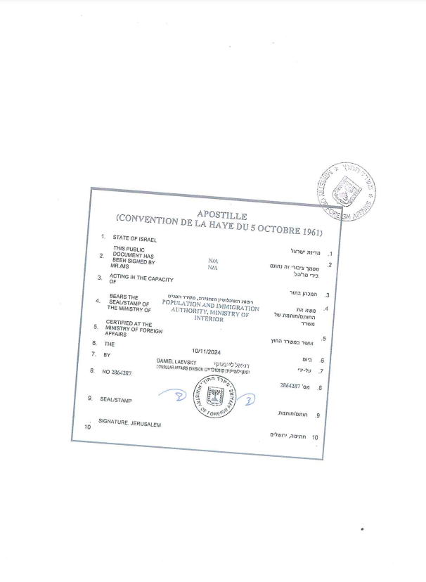 The birth certificate must be authenticated through the Ministry of Foreign Affairs in Jerusalem with an apostille stamp.
